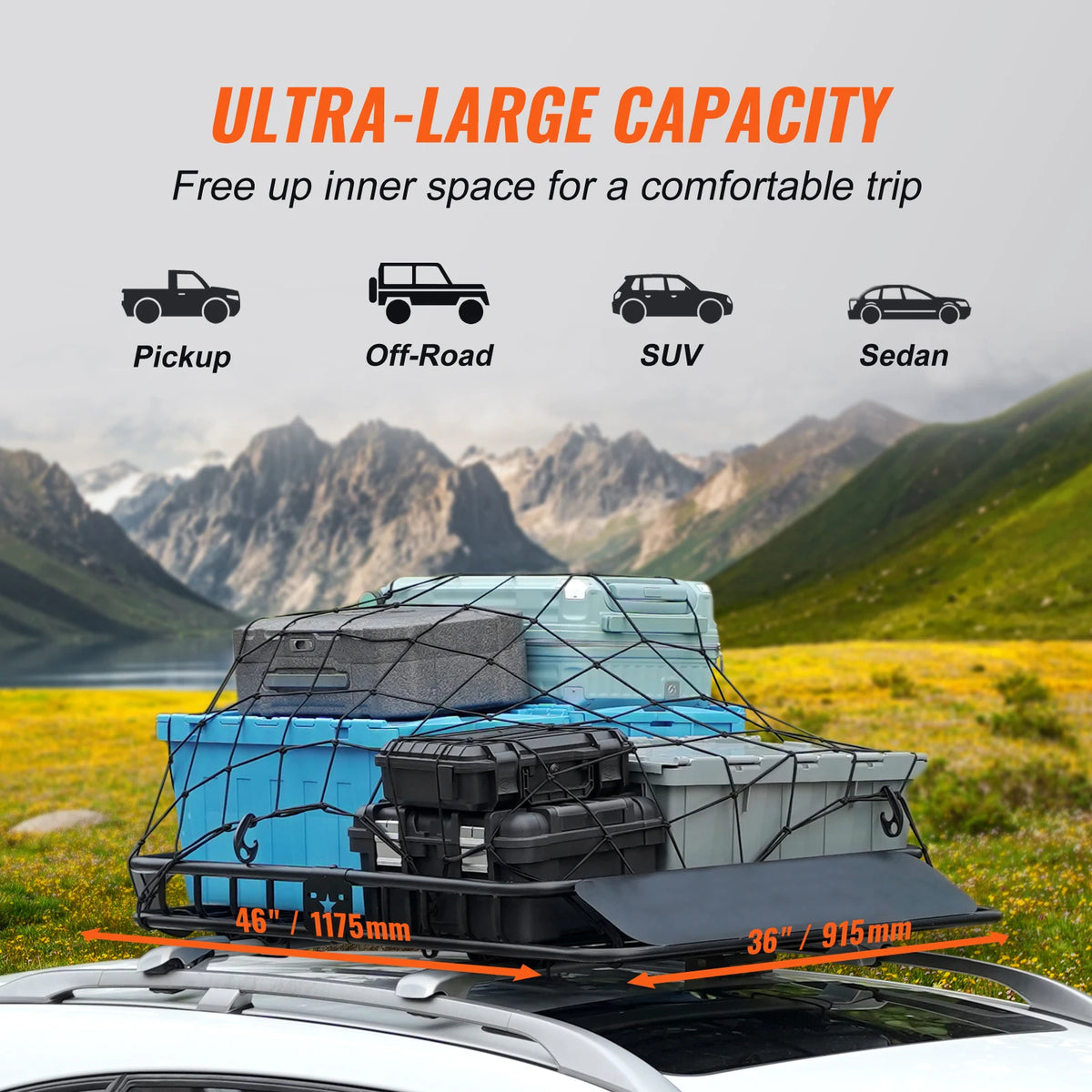 Heavy-Duty Roof Rack Cargo Basket with Wind Fairing