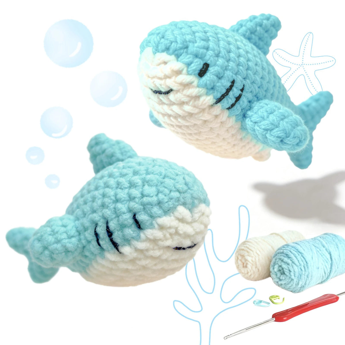 A light blue crocheted sea turtle toy and yarn with a needle shown next to bubbles.