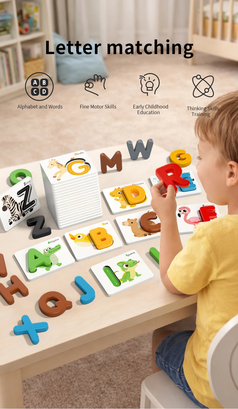 A young child is playing a letter matching game using wooden cards and alphabet blocks on a table.