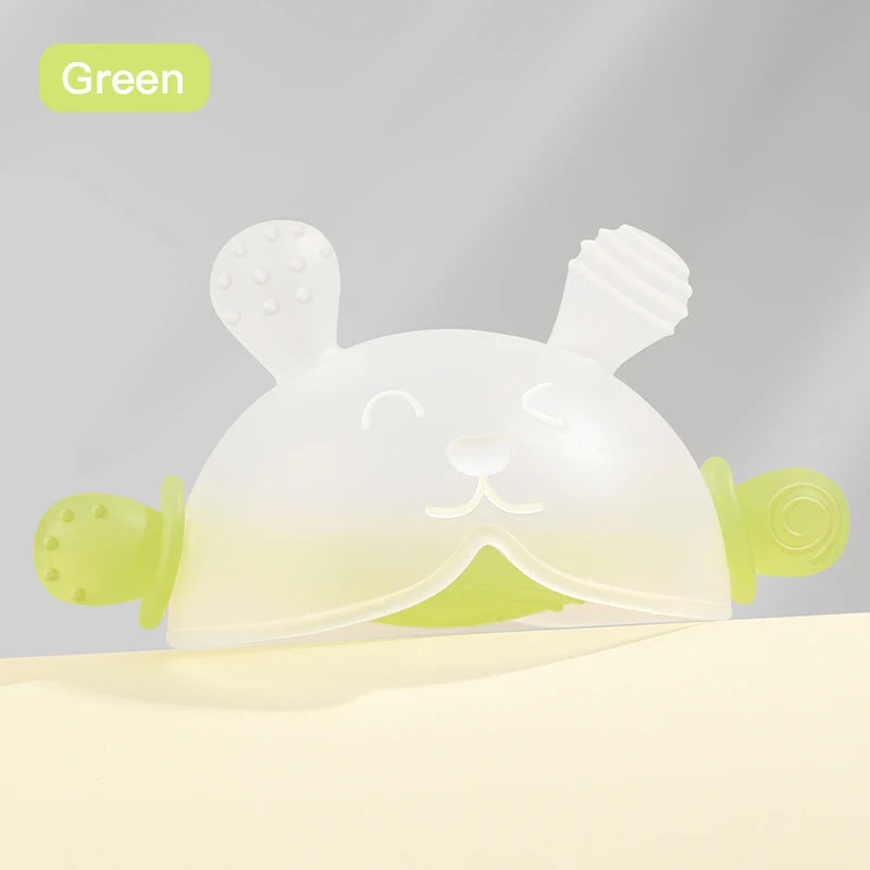 A translucent green bunny-shaped baby teether made of soft silicone with a hidden handle.