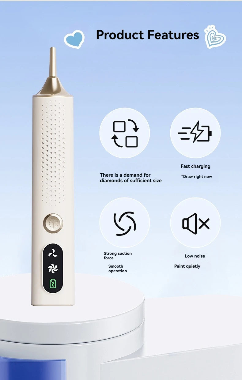A white wireless electric diamond art pen with a gold tip is shown next to feature icons detailing fast charging, strong suct