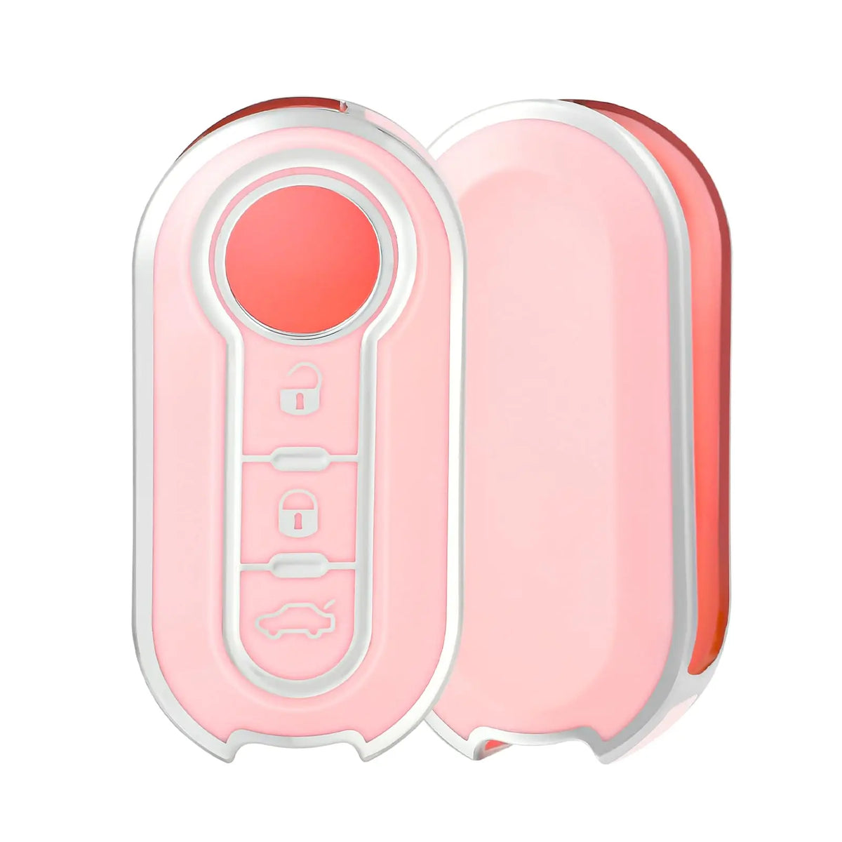 A pink and silver luxury leather key case for Fiat and Citroen models shown in a closed and open view.