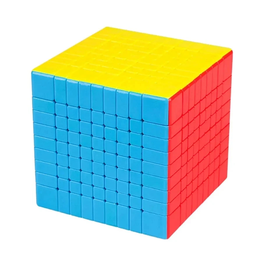 A brightly colored cube puzzle with yellow and red faces, showing a side view.