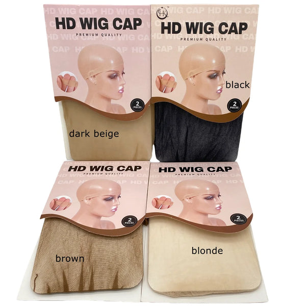 A display of HD wig caps in various colors including black, dark beige, brown, and blonde.