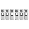 A set of six white child safety refrigerator locks with adhesive backing shown side by side.