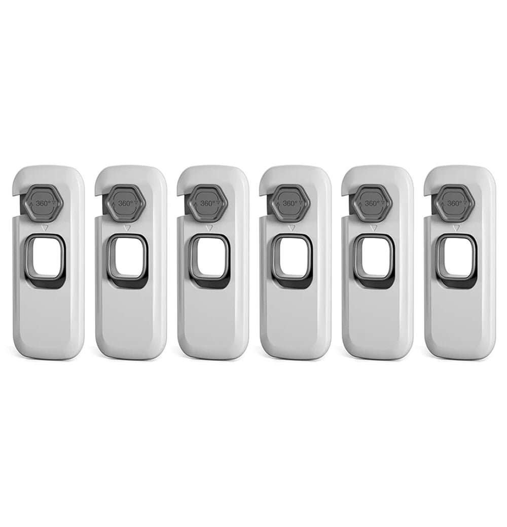 A set of six white child safety refrigerator locks with adhesive backing shown side by side.