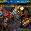 A family enjoying a garden scene with a solar moon-shaped light featuring an owl and glass ball decoration.