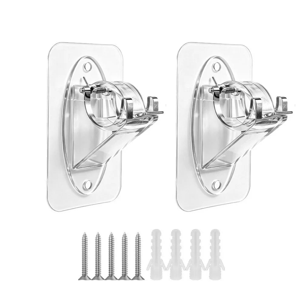 Clear acrylic no-drill curtain rod brackets for adhesive and screw mounting with included hardware screws
