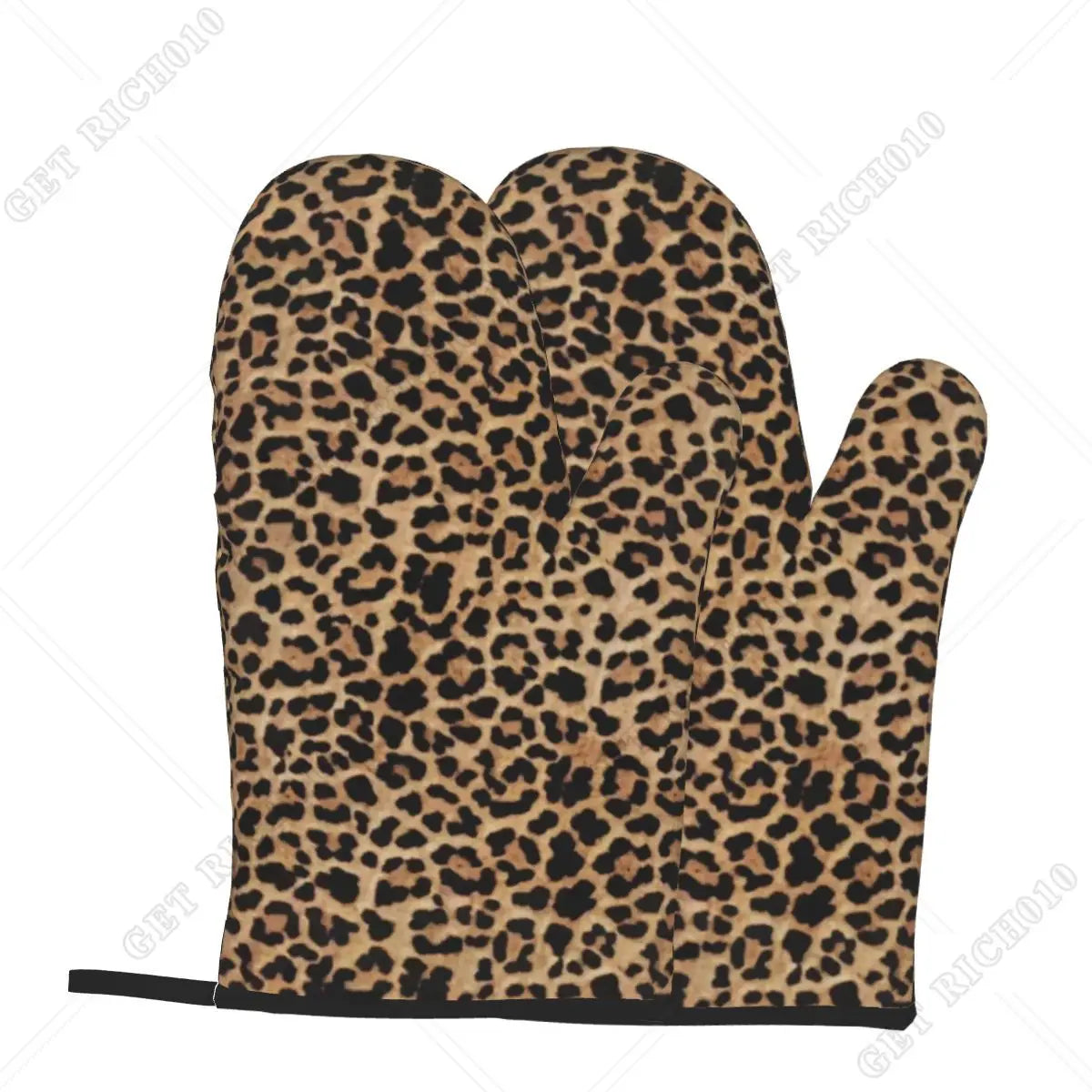 A pair of leopard print oven gloves.