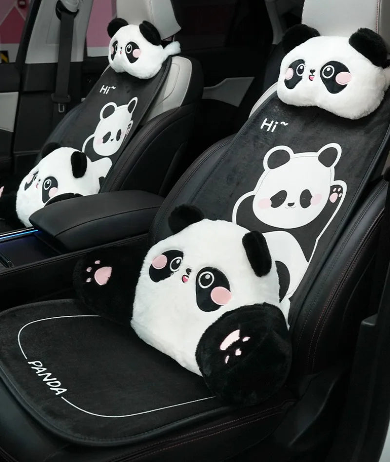 Black car seat headrest featuring panda plush toys for comfort and support.