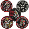 Four embroidered patches featuring a crusader knight theme with text like Put on the Full Armor of God and Defend the Faith