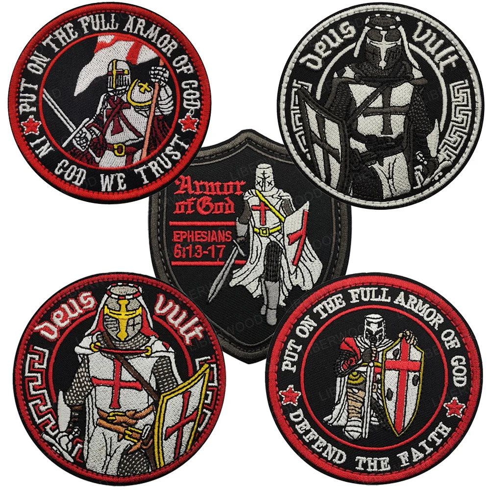 Four embroidered patches featuring a crusader knight theme with text like Put on the Full Armor of God and Defend the Faith