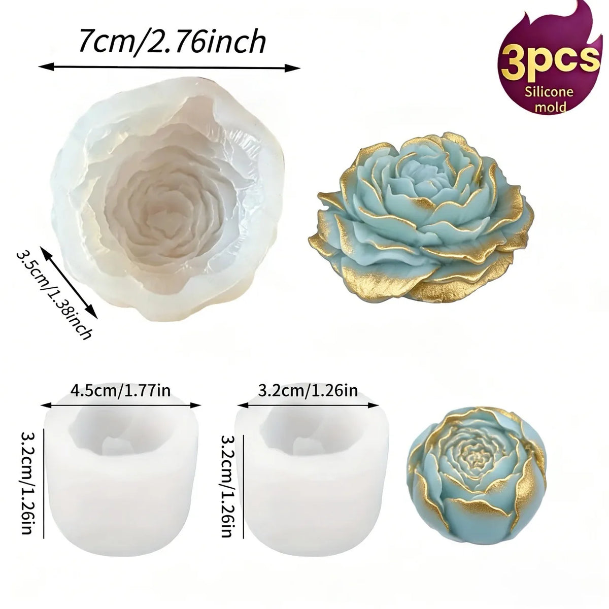 Three silicone molds shaped like lotus flowers in various sizes and colors for resin and craft projects