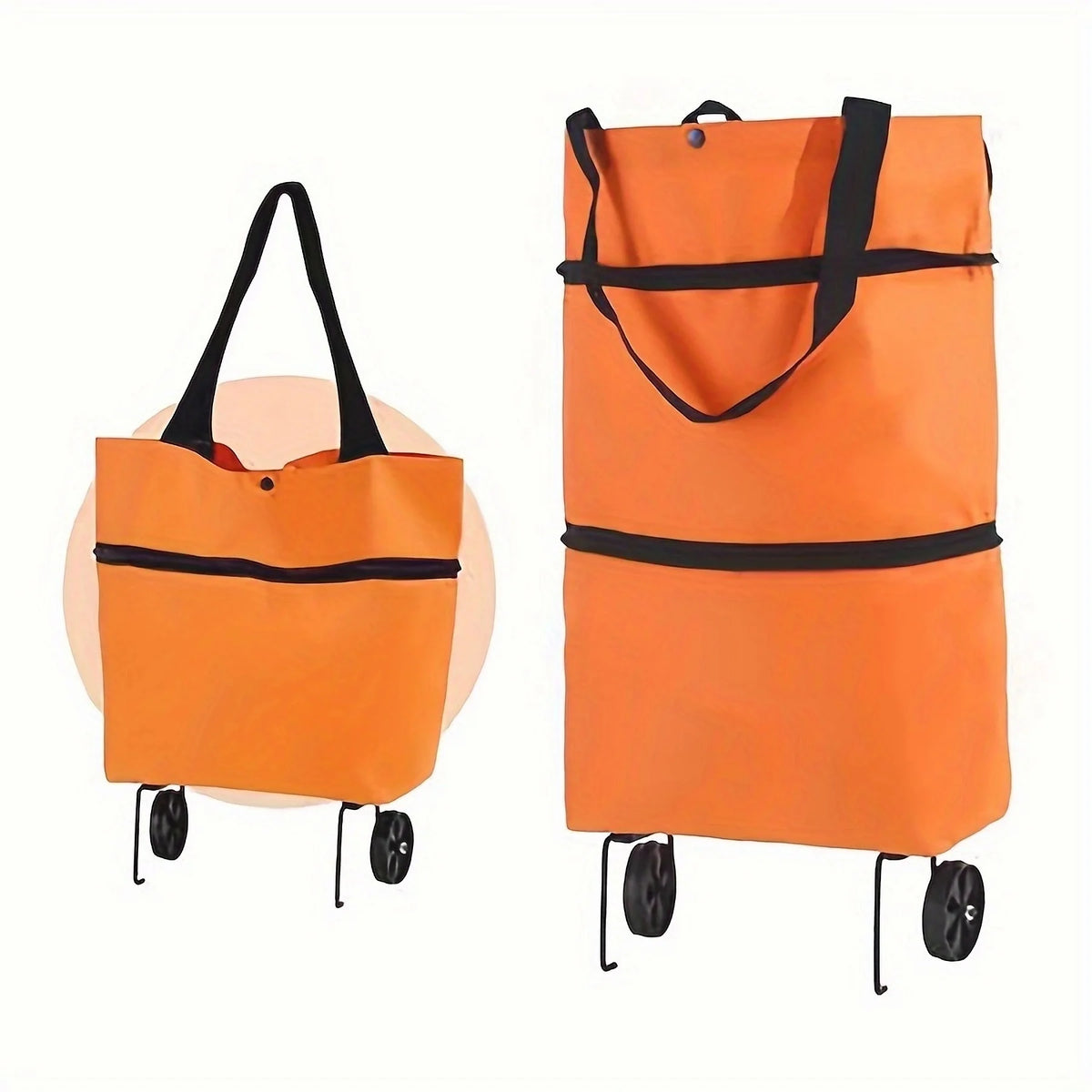 Orange foldable rolling shopping bag with black straps and wheels