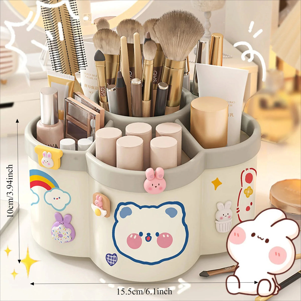 A light beige rotating desk organizer holding various pens, brushes, and supplies.