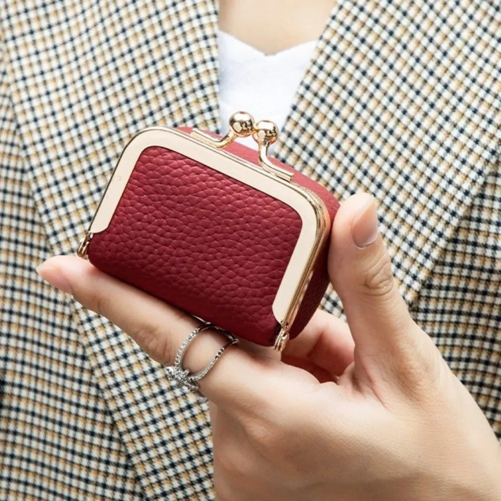 Genuine Leather Kiss Lock Coin Purse with Key Ring