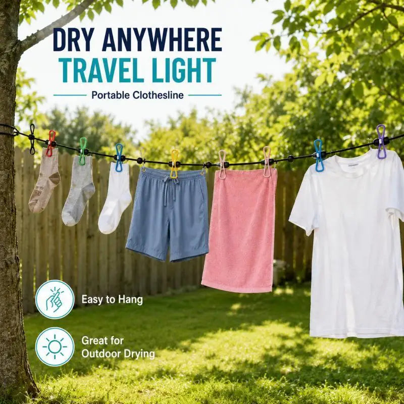 A portable clothesline with twelve clips is shown drying white and colored clothing outdoors on a sunny day.
