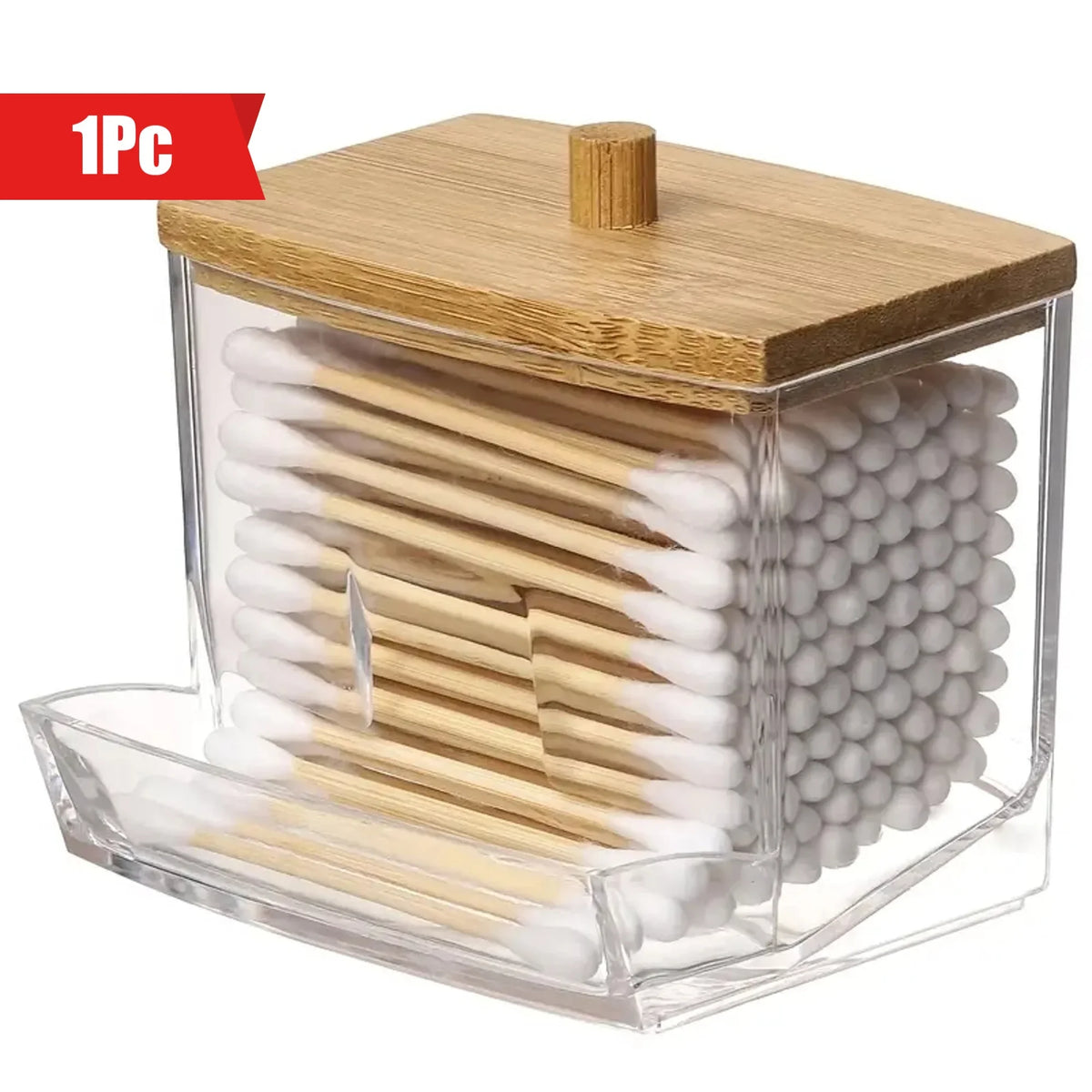 Clear storage dispenser for cotton swabs and pads with a wooden lid