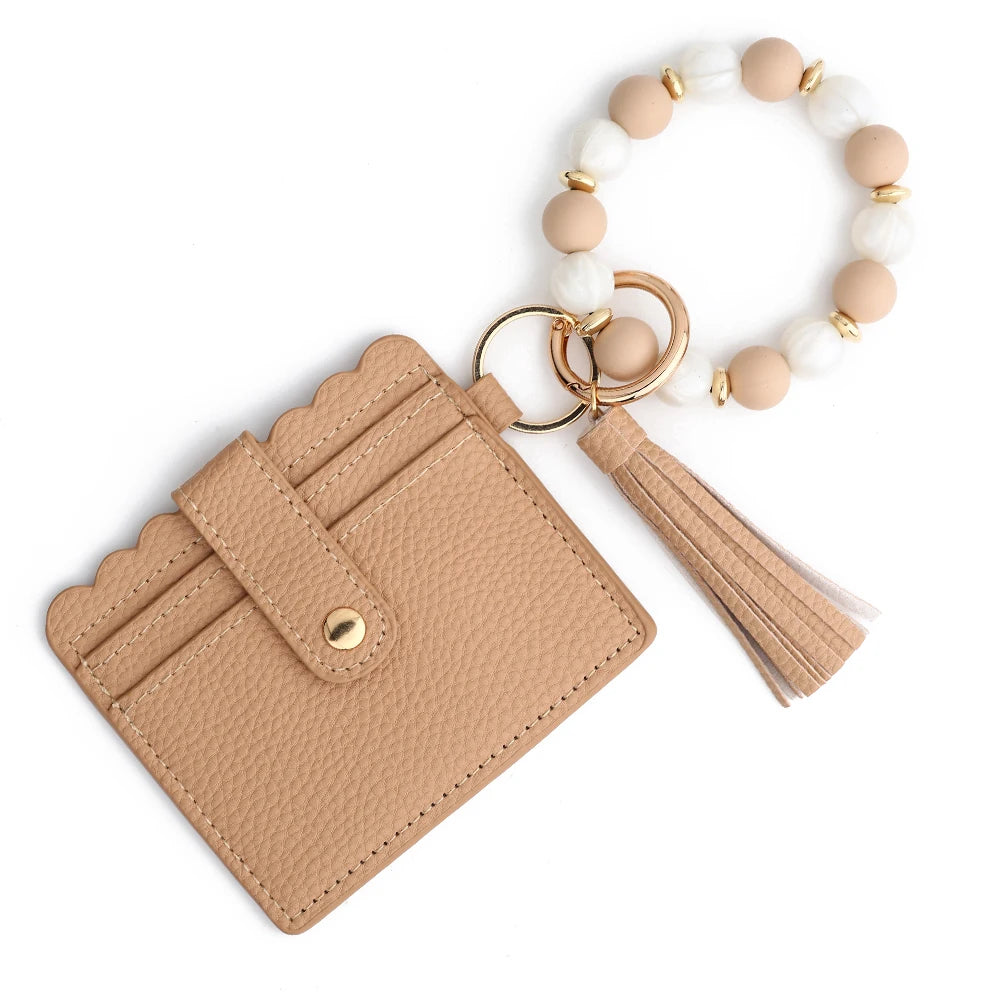 Silicone Bead Bracelet with Leather Card Holder and Tassel