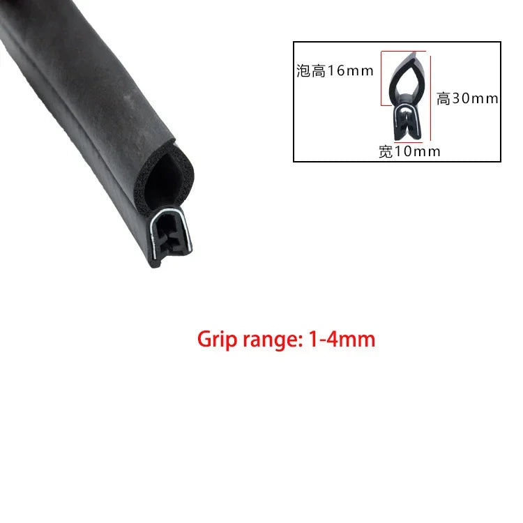 Black U-shaped EPDM rubber edge trim with a grip range of 1-4mm