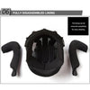 Fully disassembled black motorcycle helmet lining showing the inner padding and components.