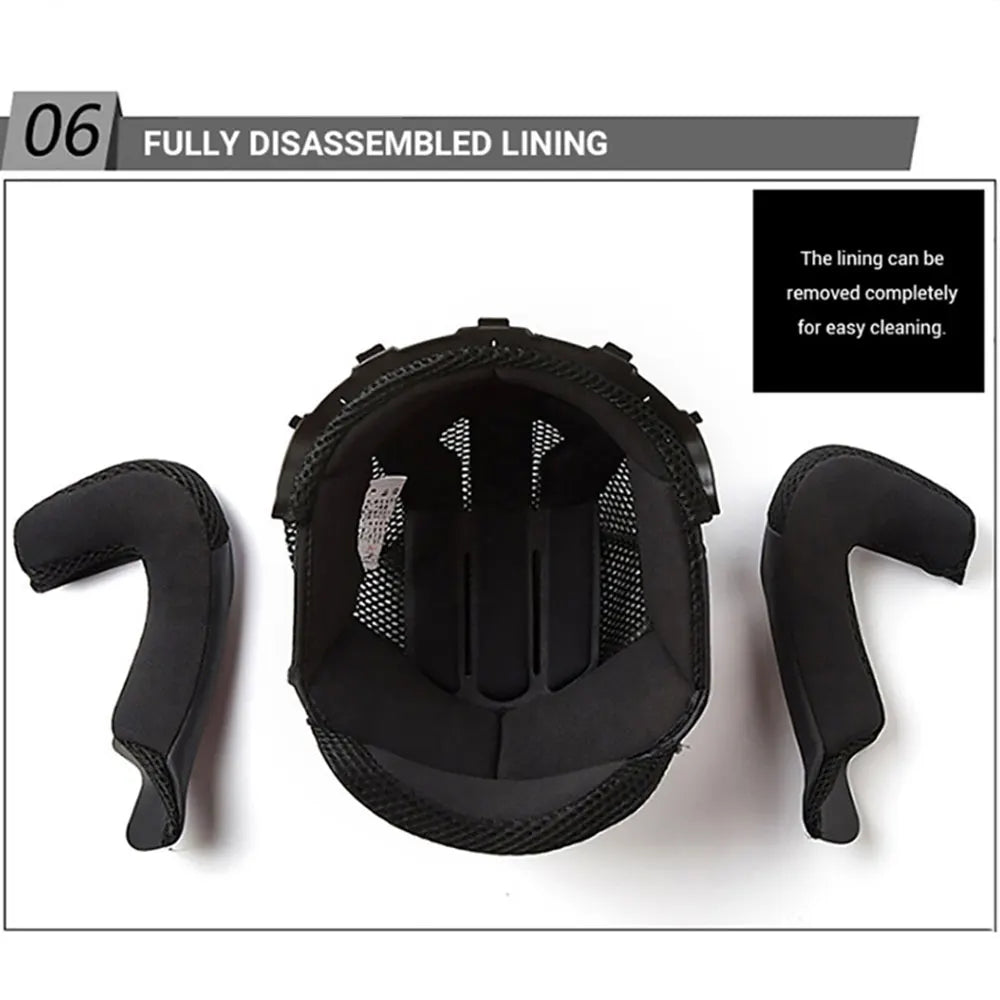 Fully disassembled black motorcycle helmet lining showing the inner padding and components.
