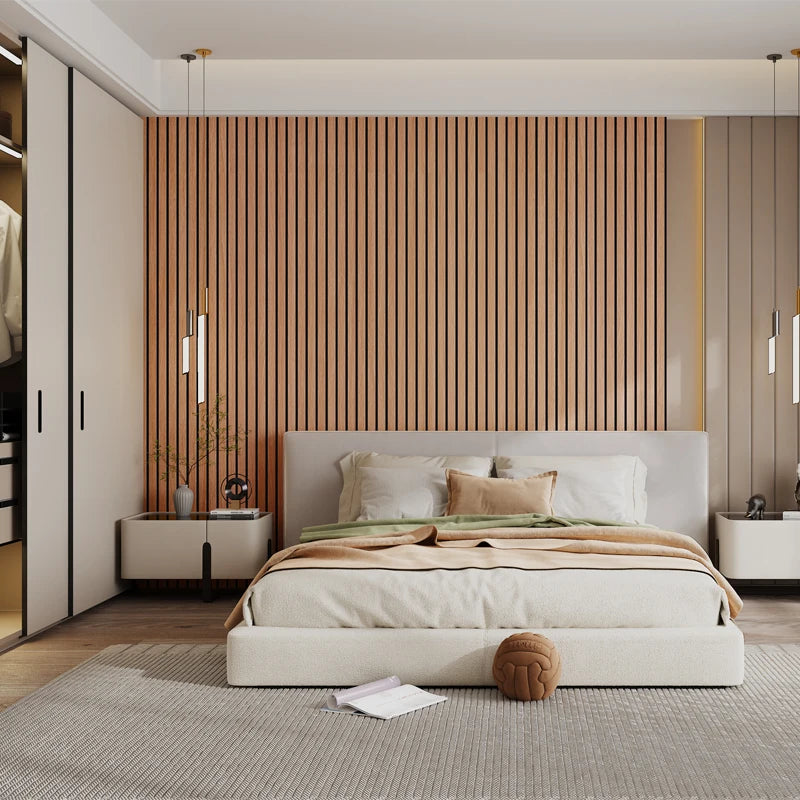 A modern bedroom featuring a light wood slat accent wall, neutral bedding, and minimalist furniture.
