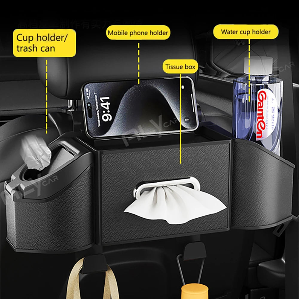 Car back seat organizer featuring a cup holder, trash can, tissue box, and mobile phone holder.
