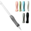 A white pen with a gray grip sleeve and several colored silicone pen grip sleeves.
