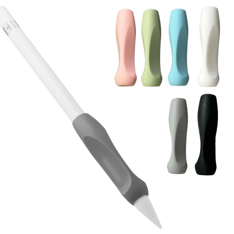 A white pen with a gray grip sleeve and several colored silicone pen grip sleeves.