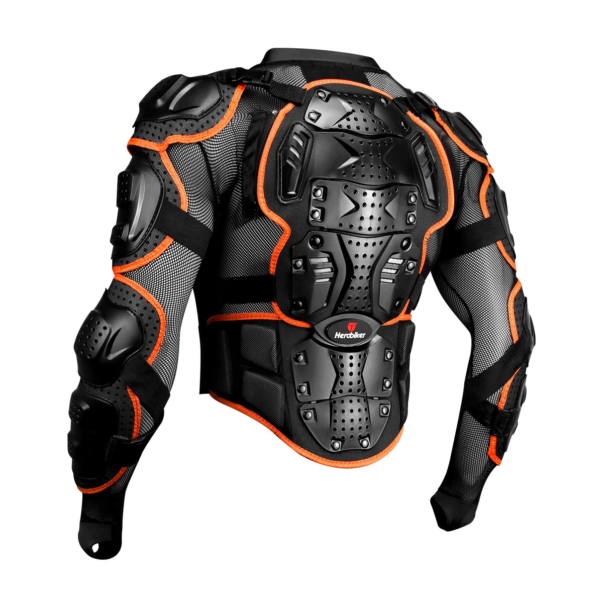 Black motocross armor jacket with orange accents shown from the back
