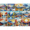 A grid of twelve diamond painting panels featuring vibrant sunset and mountain landscapes.