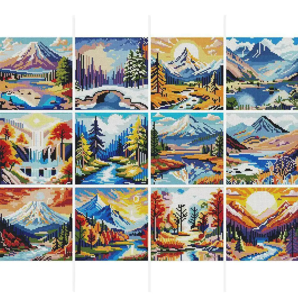 A grid of twelve diamond painting panels featuring vibrant sunset and mountain landscapes.