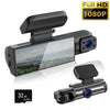 A black Full HD dash cam device with a front camera and an accessory unit is shown against a blurred landscape.