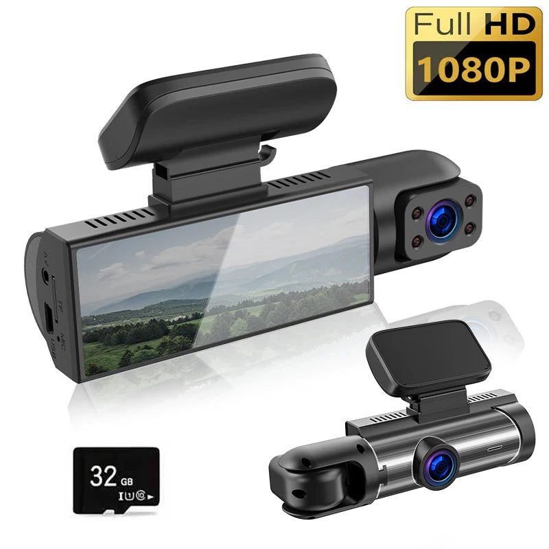 A black Full HD dash cam device with a front camera and an accessory unit is shown against a blurred landscape.