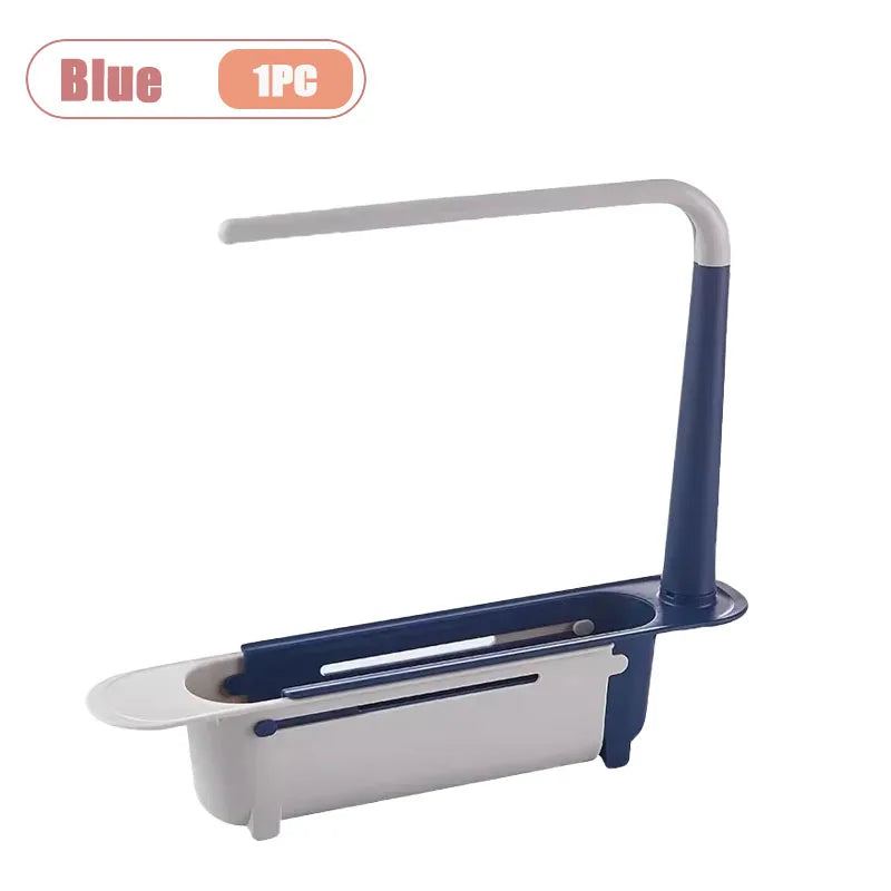 Blue adjustable over-sink dish drying rack and kitchen organizer