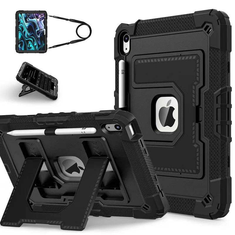 A black shockproof hybrid case for an iPad showing the device, a stylus, and a separate accessory.