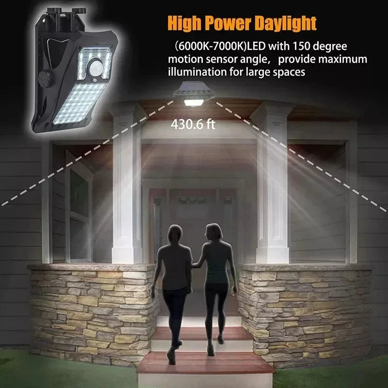 A high power daylight LED light mounted on a wall, illuminating a walkway for large spaces.
