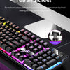 A close-up view of a black mechanical keyboard featuring purple and blue LED lighting, highlighting the tea shaft feel upgrad
