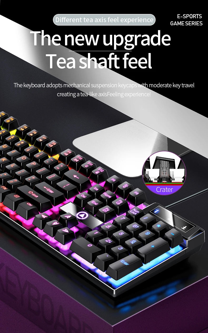 A close-up view of a black mechanical keyboard featuring purple and blue LED lighting, highlighting the tea shaft feel upgrad