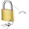 A gold-colored heavy-duty metal padlock with a key is shown, highlighting its security features.