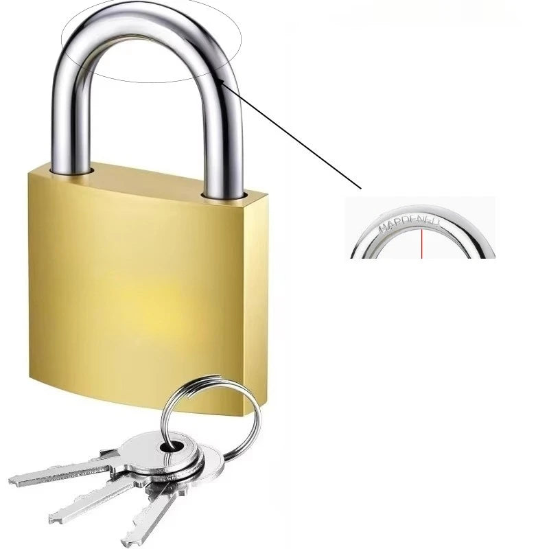 A gold-colored heavy-duty metal padlock with a key is shown, highlighting its security features.