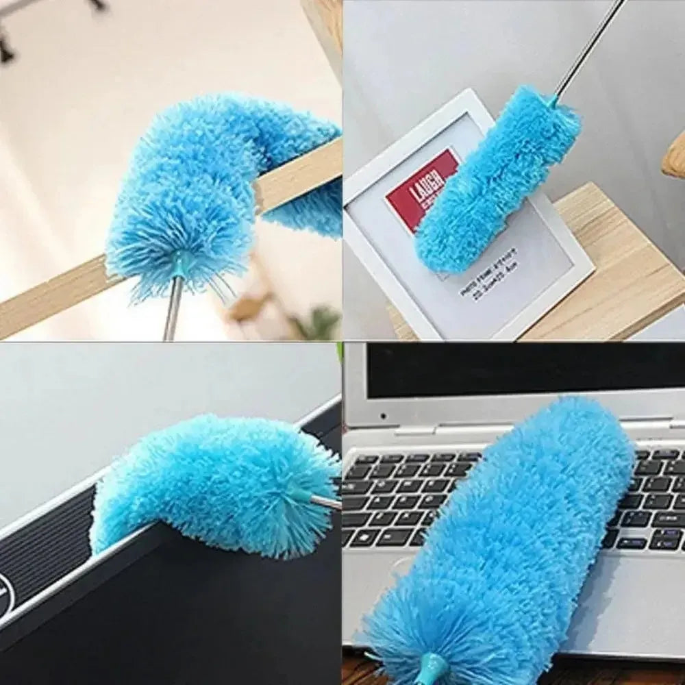 A bright blue extendable microfiber duster with a fluffy head shown in various angles.