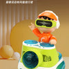 An orange toy character wearing a headset is positioned above a green and white electronic device with a large lens, set agai