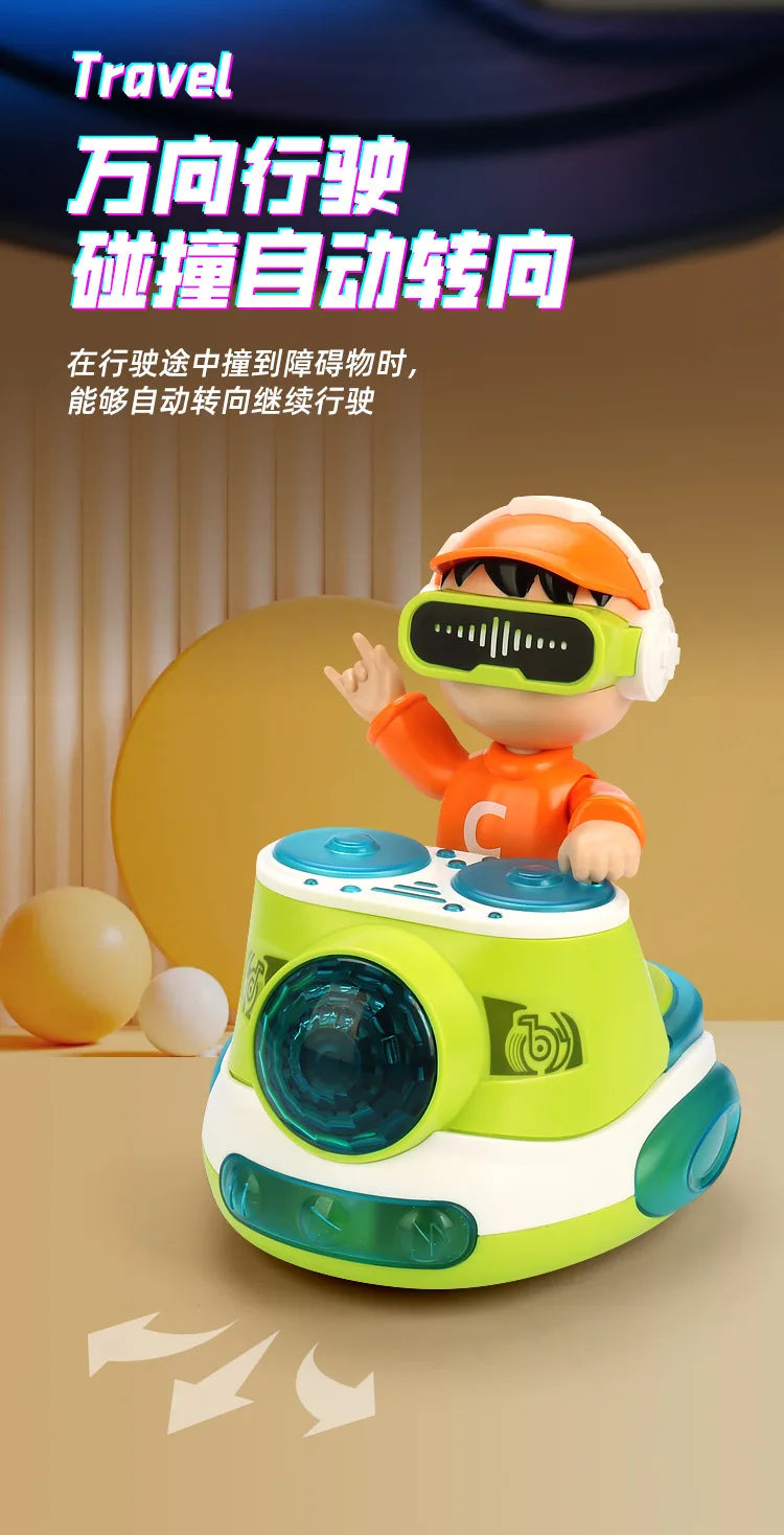 An orange toy character wearing a headset is positioned above a green and white electronic device with a large lens, set agai