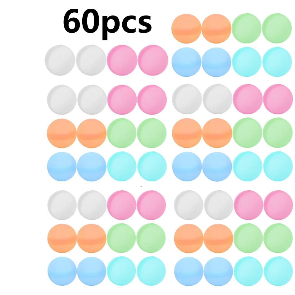A collection of 60 reusable silicone water balloons in various pastel colors including pink, orange, green, and blue.