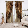 A pair of luxurious brown and gold Baroque print curtain panels hanging in a doorway.