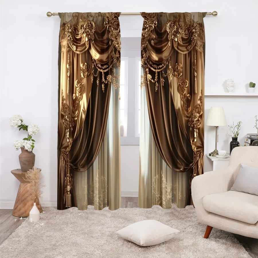 A pair of luxurious brown and gold Baroque print curtain panels hanging in a doorway.