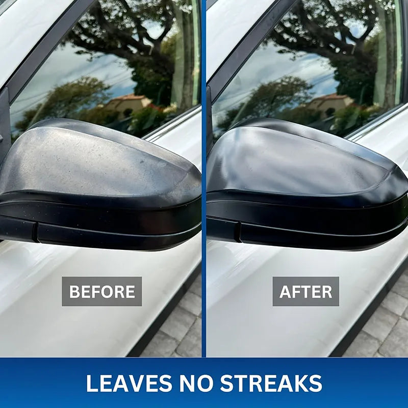 Before and after comparison of a car plastic restorer coating applied to a car's trim.