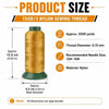 A spool of 150D/3 nylon sewing thread with a green core and gold-colored thread, showing its size and recommended needle spec